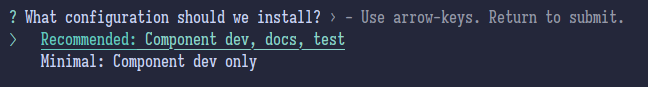 Storybook CLI asks if we want Recommended or Minimal install. Default selection is hovering on Recommended.